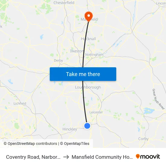 Coventry Road, Narborough to Mansfield Community Hospital map