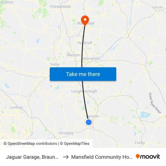 Jaguar Garage, Braunstone to Mansfield Community Hospital map