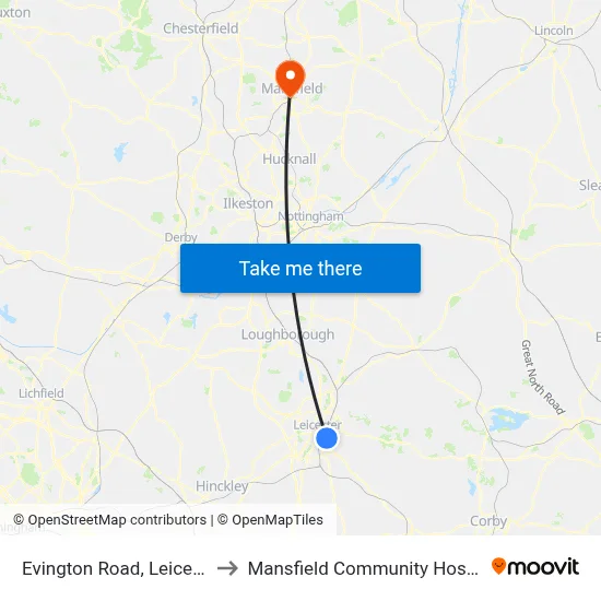 Evington Road, Leicester to Mansfield Community Hospital map