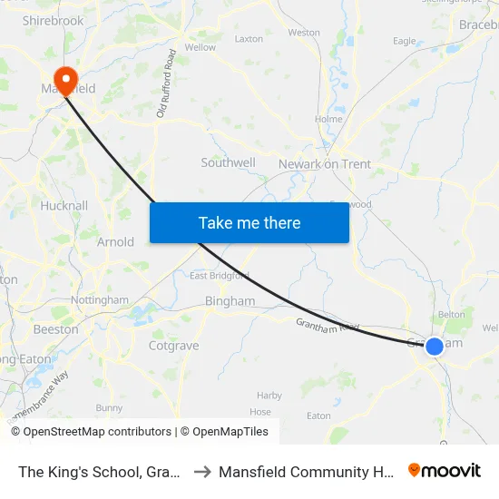 The King's School, Grantham to Mansfield Community Hospital map
