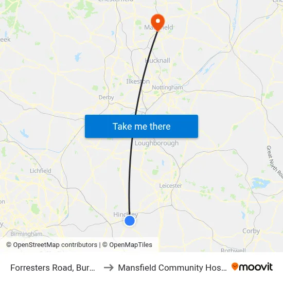 Forresters Road, Burbage to Mansfield Community Hospital map