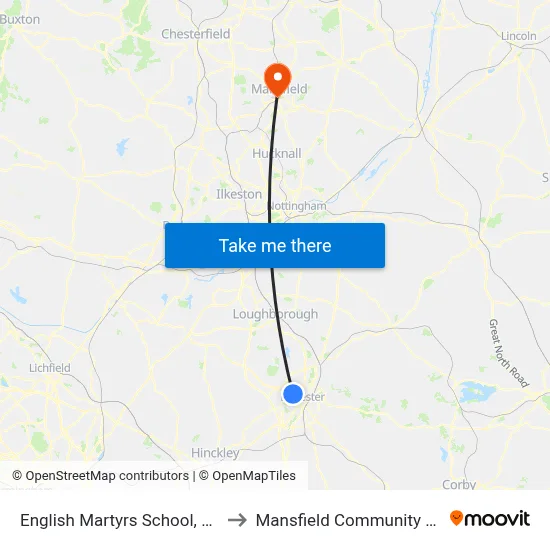English Martyrs School, Leicester to Mansfield Community Hospital map
