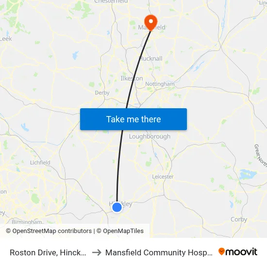 Roston Drive, Hinckley to Mansfield Community Hospital map