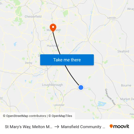 St Mary's Way, Melton Mowbray to Mansfield Community Hospital map