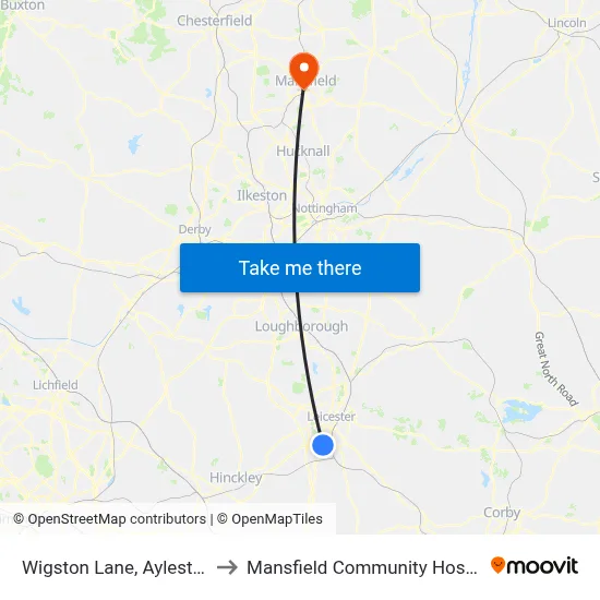 Wigston Lane, Aylestone to Mansfield Community Hospital map