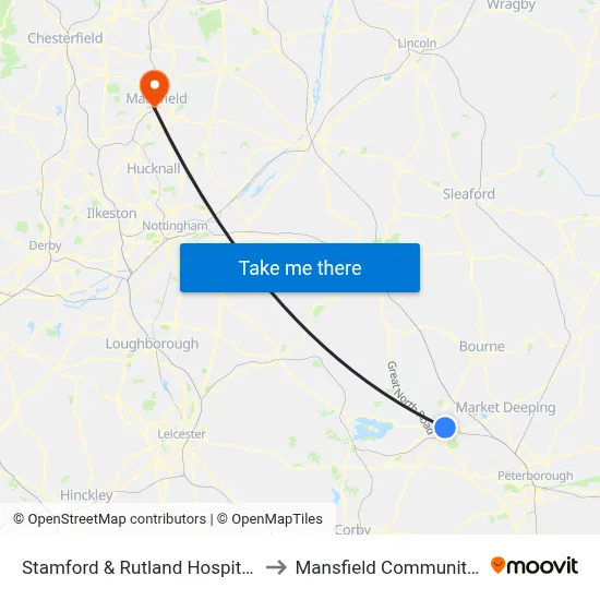 Stamford & Rutland Hospital, Stamford to Mansfield Community Hospital map