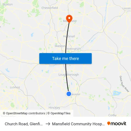 Church Road, Glenfield to Mansfield Community Hospital map