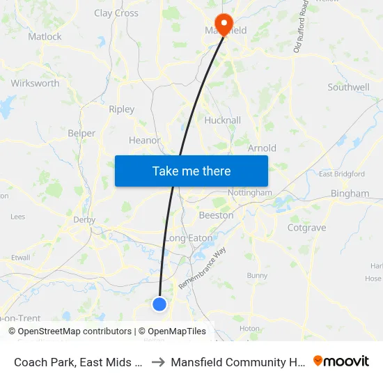Coach Park, East Mids Airport to Mansfield Community Hospital map