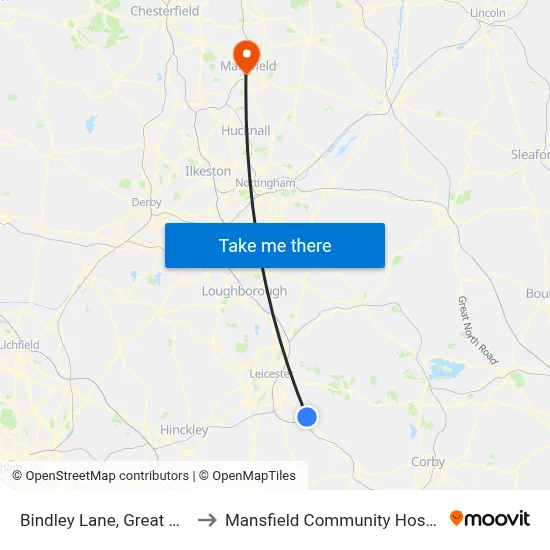 Bindley Lane, Great Glen to Mansfield Community Hospital map