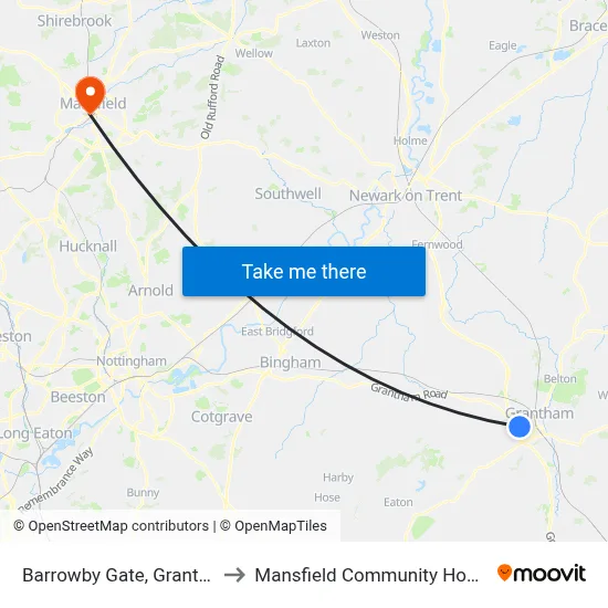 Barrowby Gate, Grantham to Mansfield Community Hospital map
