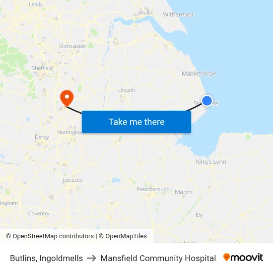 Butlins, Ingoldmells to Mansfield Community Hospital map