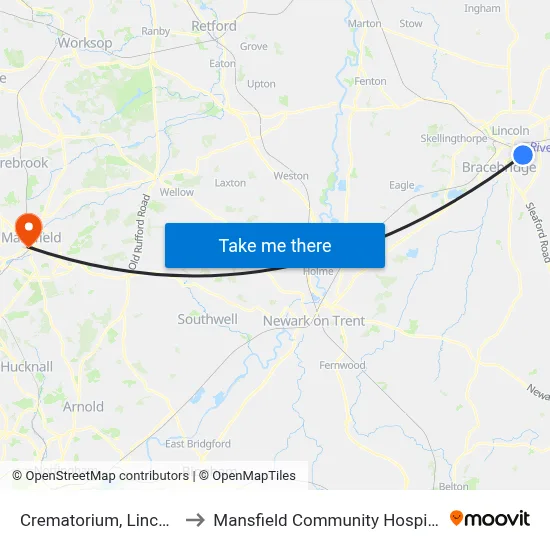 Crematorium, Lincoln to Mansfield Community Hospital map