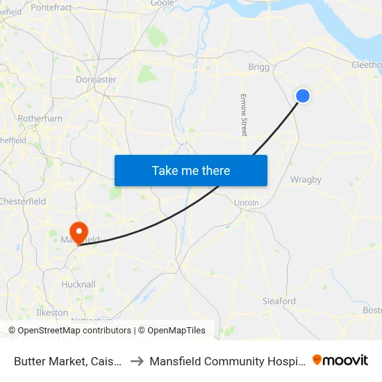 Butter Market, Caistor to Mansfield Community Hospital map