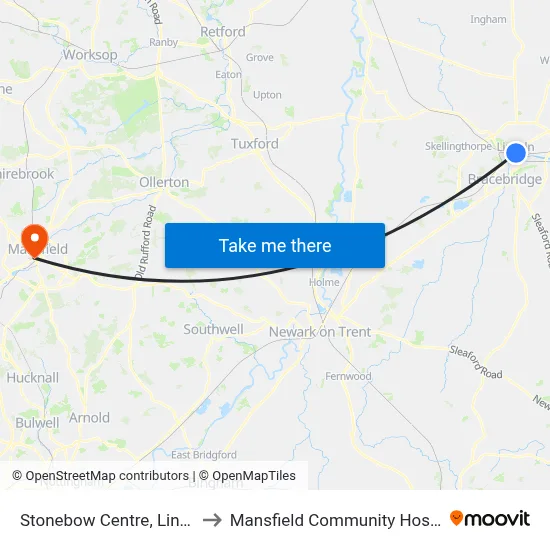 Stonebow Centre, Lincoln to Mansfield Community Hospital map