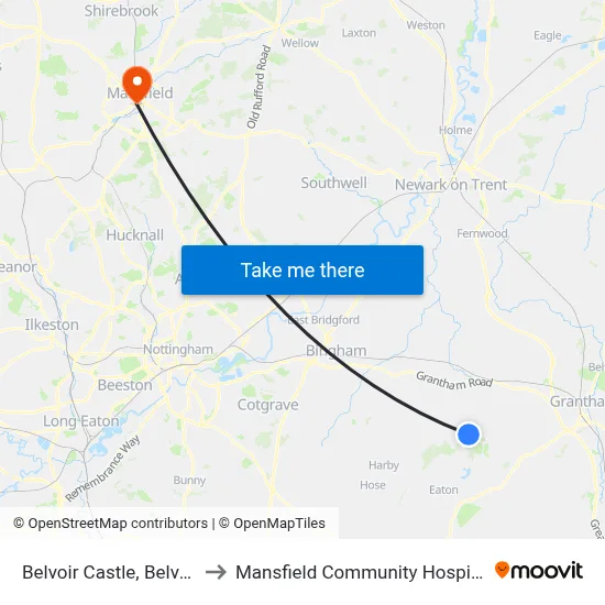 Belvoir Castle, Belvoir to Mansfield Community Hospital map