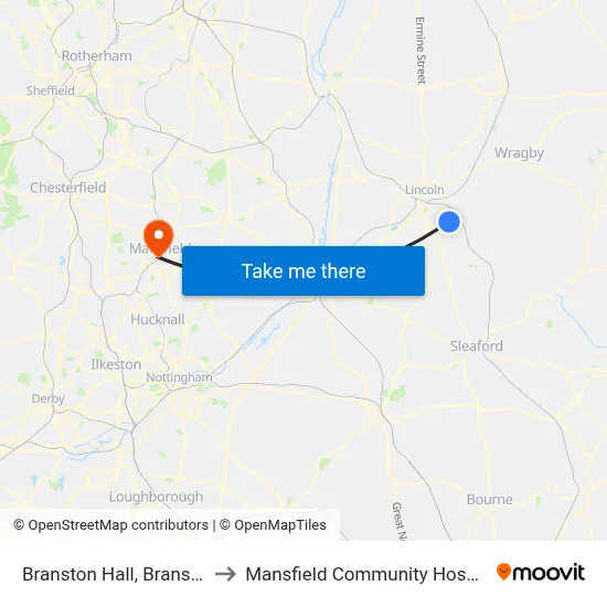 Branston Hall, Branston to Mansfield Community Hospital map