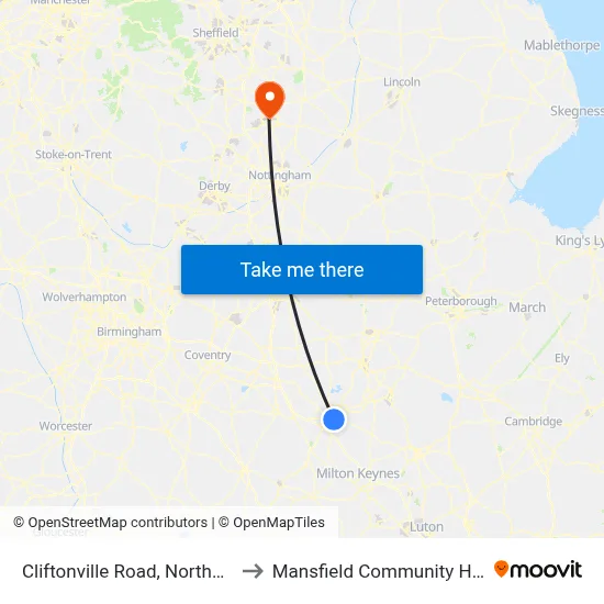 Cliftonville Road, Northampton to Mansfield Community Hospital map