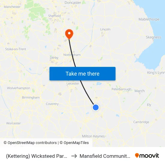 (Kettering) Wicksteed Park, Kettering to Mansfield Community Hospital map