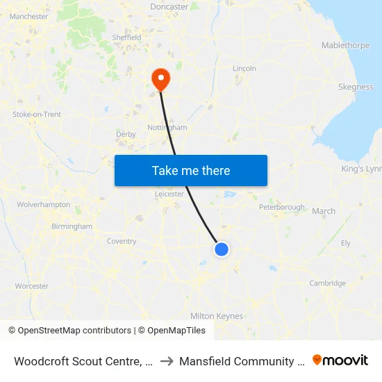 Woodcroft Scout Centre, Kettering to Mansfield Community Hospital map
