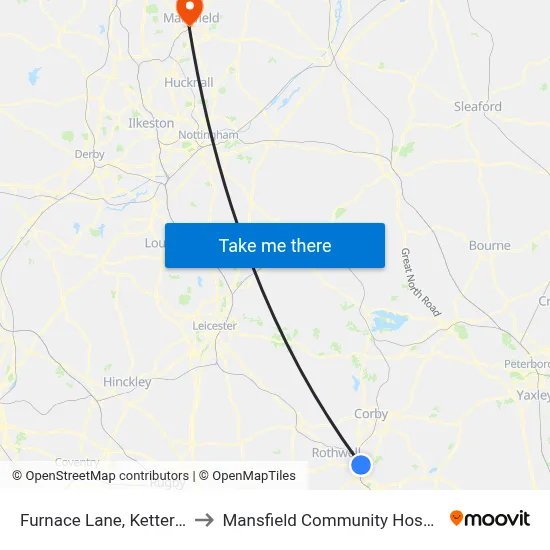 Furnace Lane, Kettering to Mansfield Community Hospital map