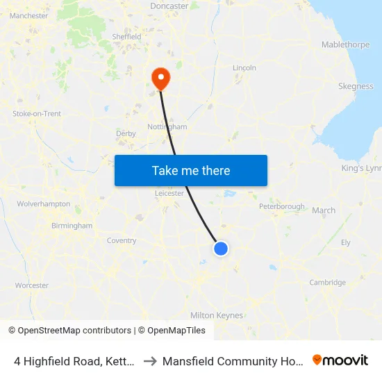 4 Highfield Road, Kettering to Mansfield Community Hospital map