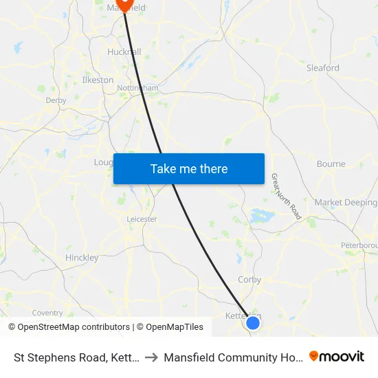 St Stephens Road, Kettering to Mansfield Community Hospital map