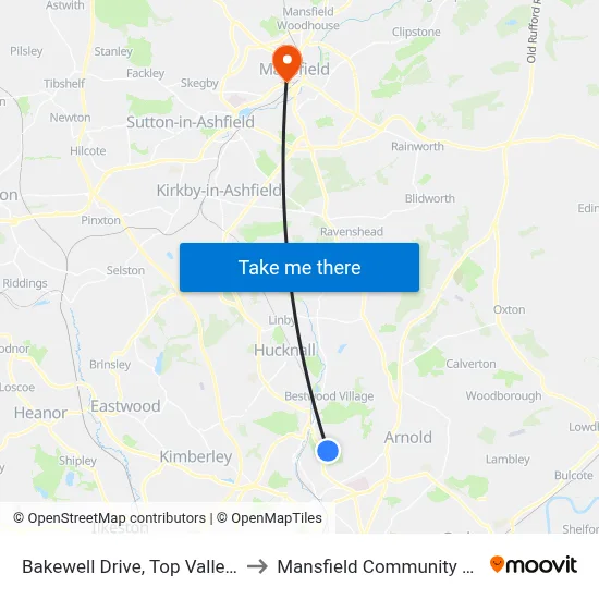Bakewell Drive, Top Valley (Tv13) to Mansfield Community Hospital map