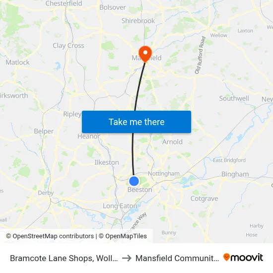 Bramcote Lane Shops, Wollaton (Wo76) to Mansfield Community Hospital map