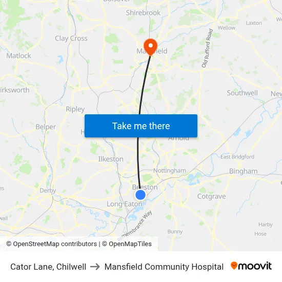 Cator Lane, Chilwell to Mansfield Community Hospital map