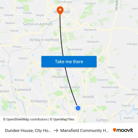 Dundee House, City Hospital to Mansfield Community Hospital map