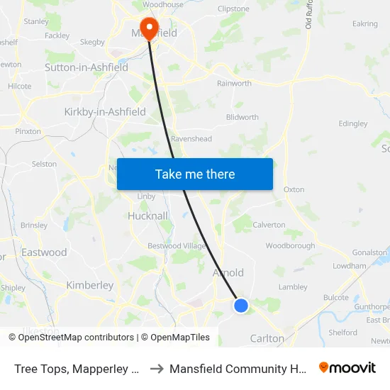 Tree Tops, Mapperley Plains to Mansfield Community Hospital map