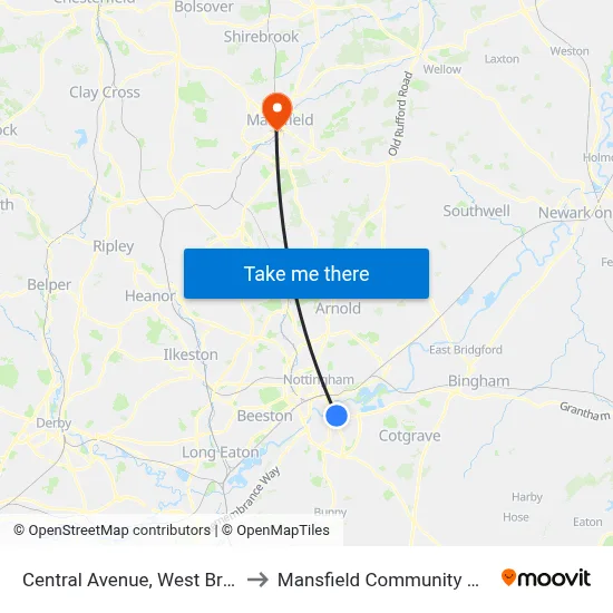 Central Avenue, West Bridgford to Mansfield Community Hospital map