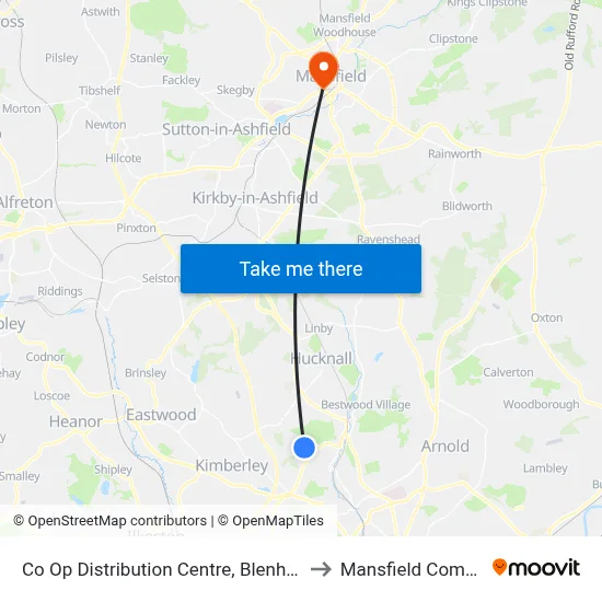 Co Op Distribution Centre, Blenheim Industrial Estate (Sw19) to Mansfield Community Hospital map