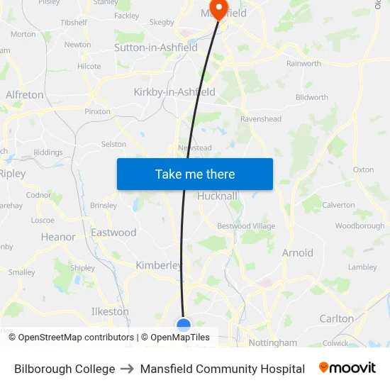 Bilborough College to Mansfield Community Hospital map