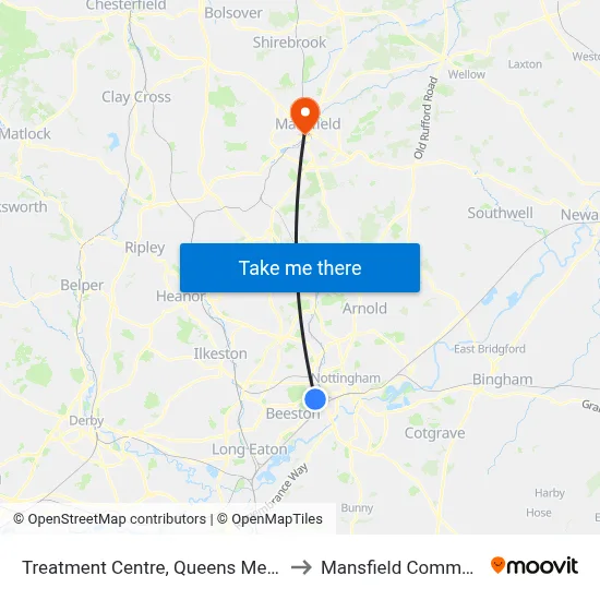Treatment Centre, Queens Medical Centre (Qm20) to Mansfield Community Hospital map