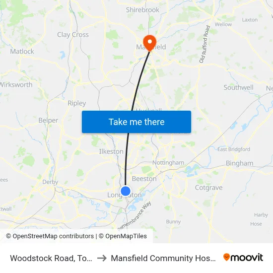 Woodstock Road, Toton to Mansfield Community Hospital map