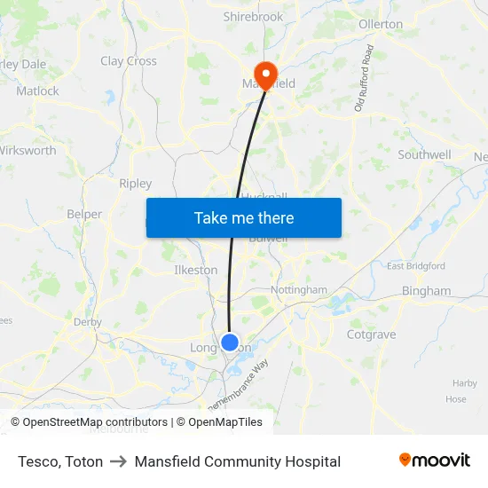 Tesco, Toton to Mansfield Community Hospital map