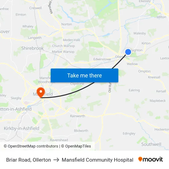 Briar Road, Ollerton to Mansfield Community Hospital map