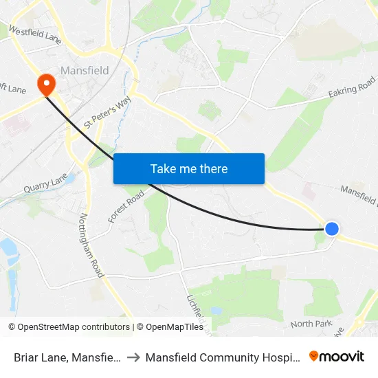Briar Lane, Mansfield to Mansfield Community Hospital map