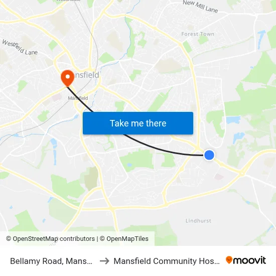 Bellamy Road, Mansfield to Mansfield Community Hospital map