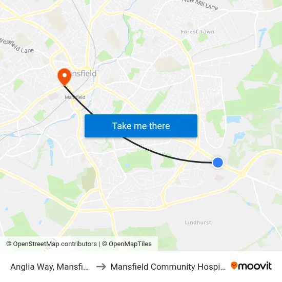 Anglia Way, Mansfield to Mansfield Community Hospital map