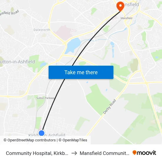 Community Hospital, Kirkby In Ashfield to Mansfield Community Hospital map