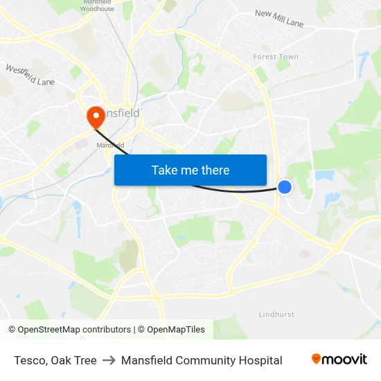 Tesco, Oak Tree to Mansfield Community Hospital map