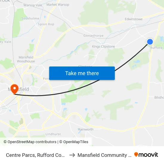 Centre Parcs, Rufford Country Park to Mansfield Community Hospital map