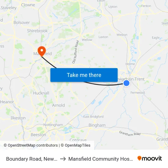 Boundary Road, Newark to Mansfield Community Hospital map