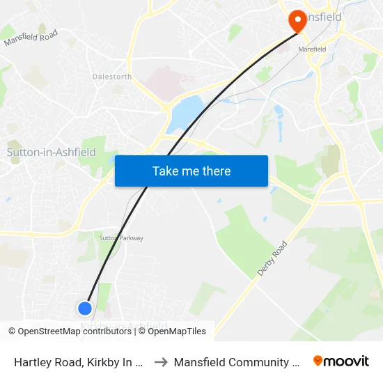 Hartley Road, Kirkby In Ashfield to Mansfield Community Hospital map