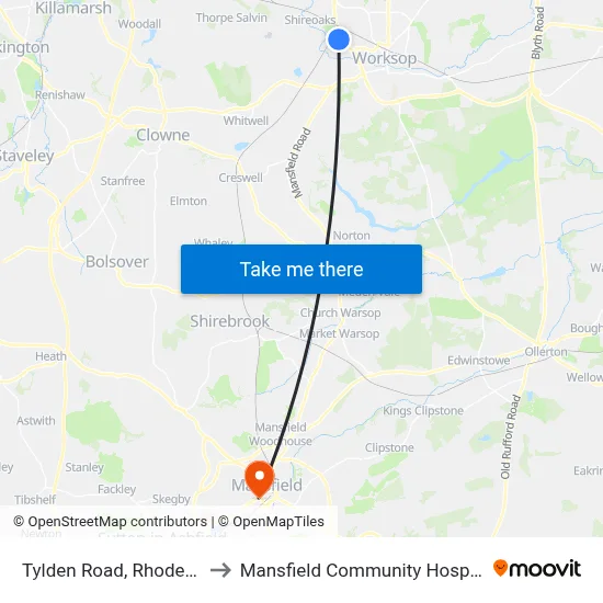 Tylden Road, Rhodesia to Mansfield Community Hospital map