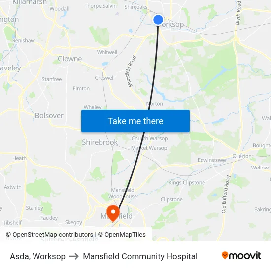 Asda, Worksop to Mansfield Community Hospital map