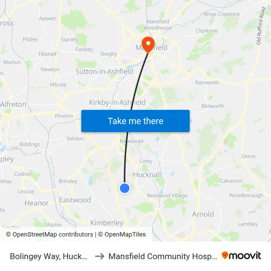 Bolingey Way, Hucknall to Mansfield Community Hospital map