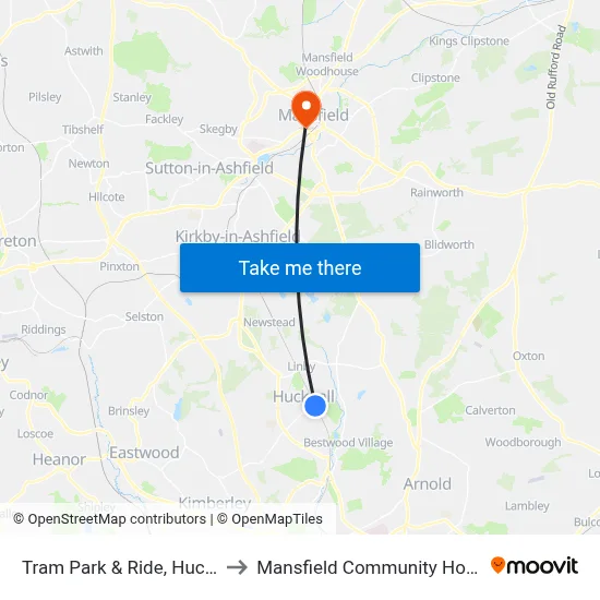 Tram Park & Ride, Hucknall to Mansfield Community Hospital map